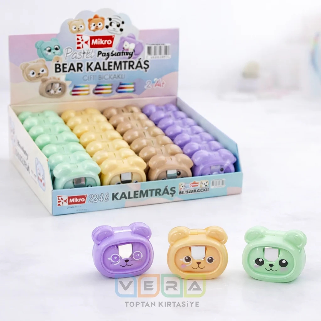 Mikro MK-8152 Çift Bıçaklı Happy Friends Kalemtraş 24 lü stant