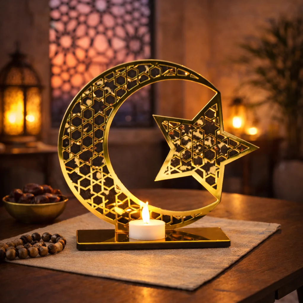 Ahşap Üzeri Gold Pleksi Ayyıldız Temalı Led Mum Dekor