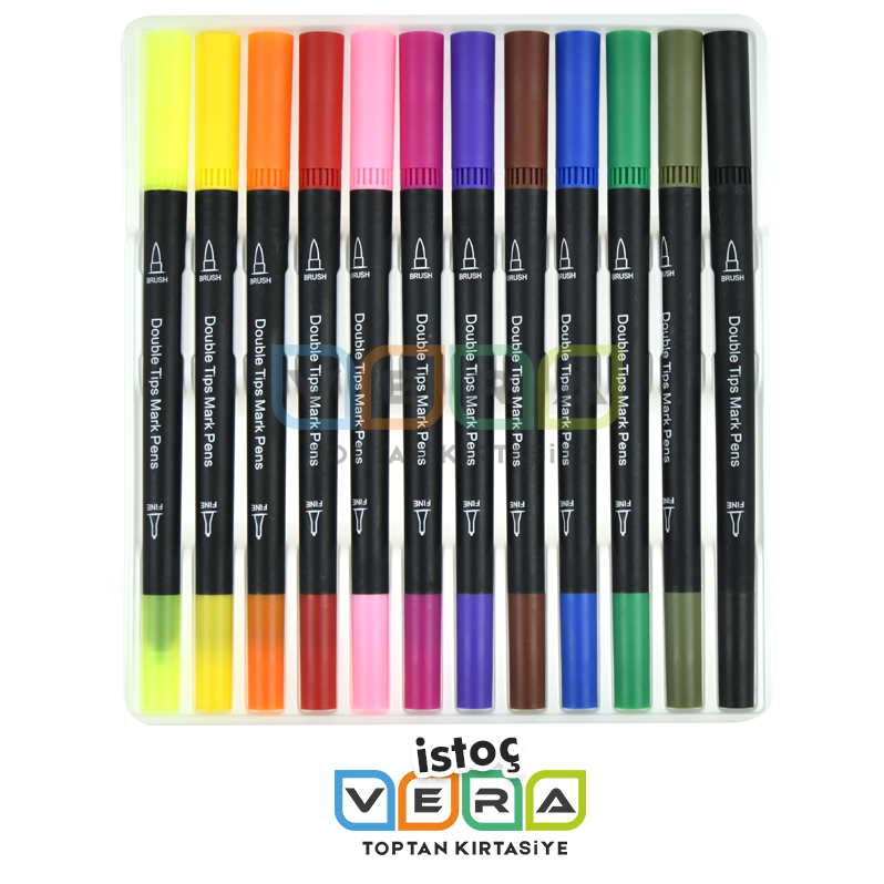 12 Renk Çift Taraflı Brush Pen Marker