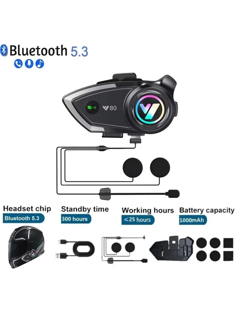 Bilişim Burada Y80 Yeni Nesil Motosiklet Kask Interkom Mikrofonlu Gürültü Engelleyici Işıklı 5-3 Bluetooth Kulaklık Motorsiklet Içi Motorcu Kulaklığı