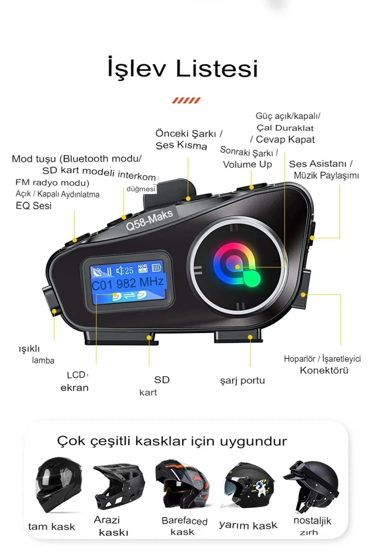 Bilişim Burada Q58-MAX Radyolu 2 Kişi Bağlantılı Gürültü Engelleme Özellikli Ekranlı Fenerli Müzik ve Telsiz Bluetooth Intercom