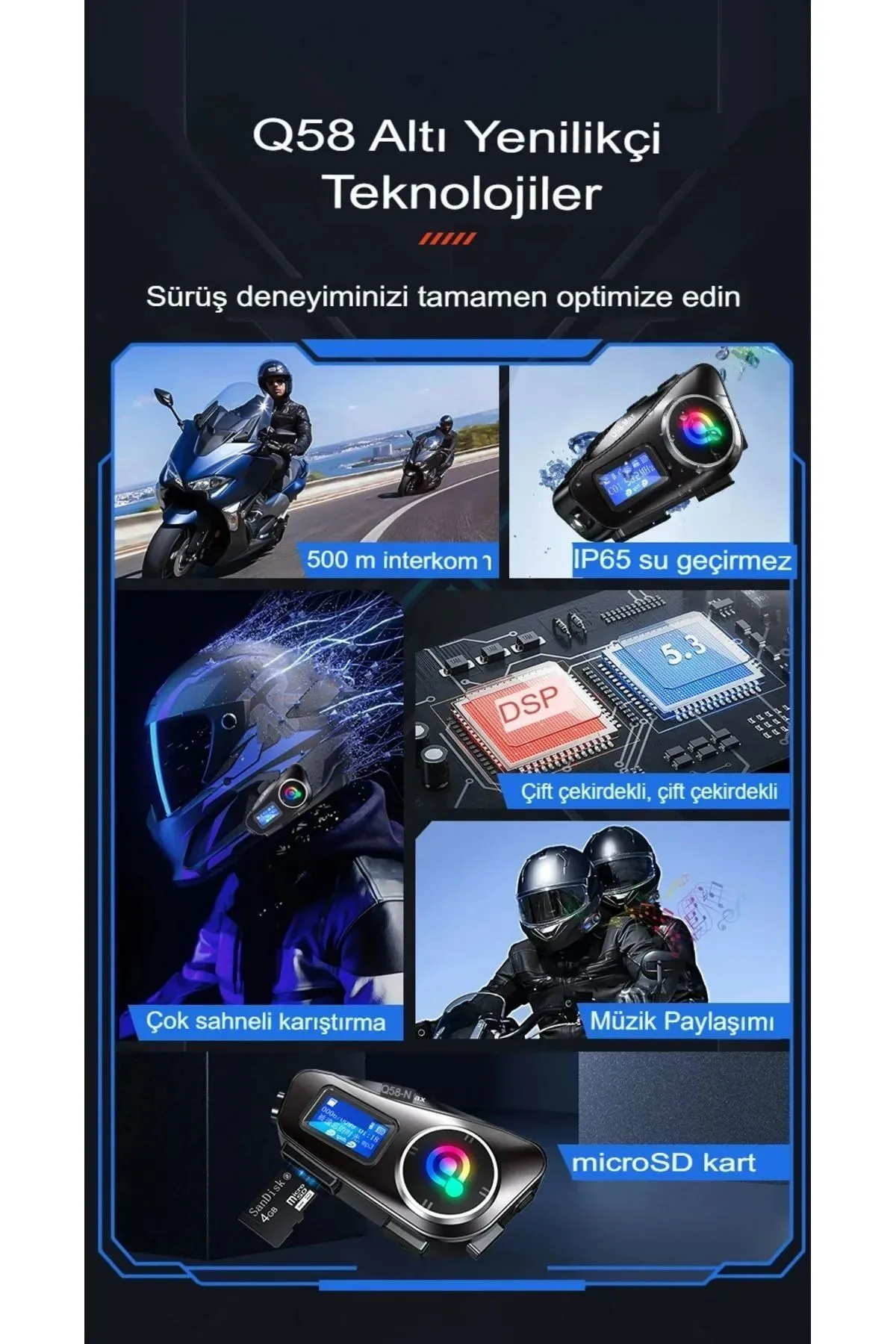 Bilişim Burada Q58-MAX Radyolu 2 Kişi Bağlantılı Gürültü Engelleme Özellikli Ekranlı Fenerli Müzik ve Telsiz Bluetooth Intercom