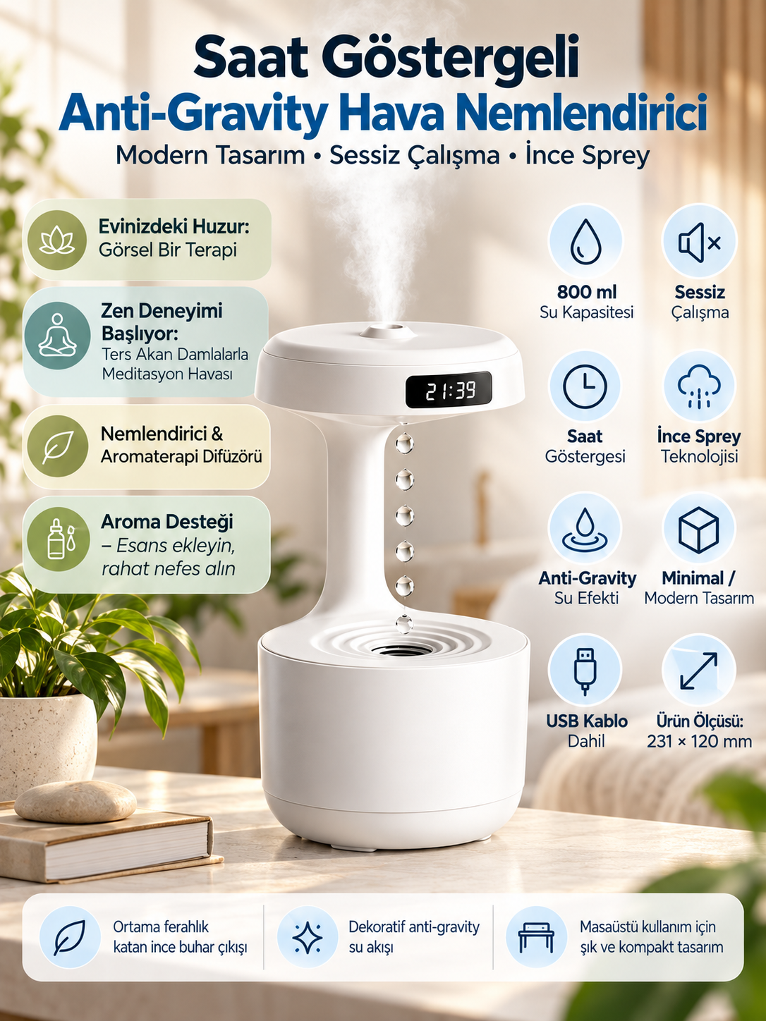 4 Adet Esans Hediyeli Anti Gravity Hava Nemlendirici 800 ML Saat Göstergeli Sessiz USB Masaüstü Buhar Makinesi Beyaz
